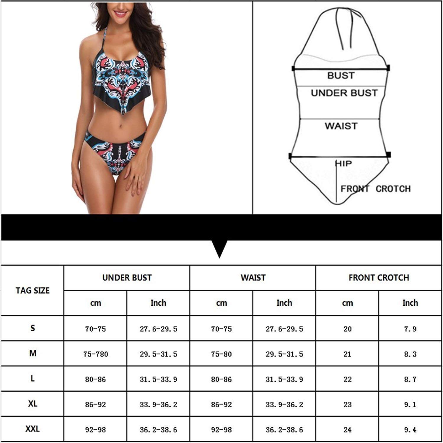 Memory baby Women\'s Retro Boho Flounce Falbala Low Waist Chic Swimsuit Black XL