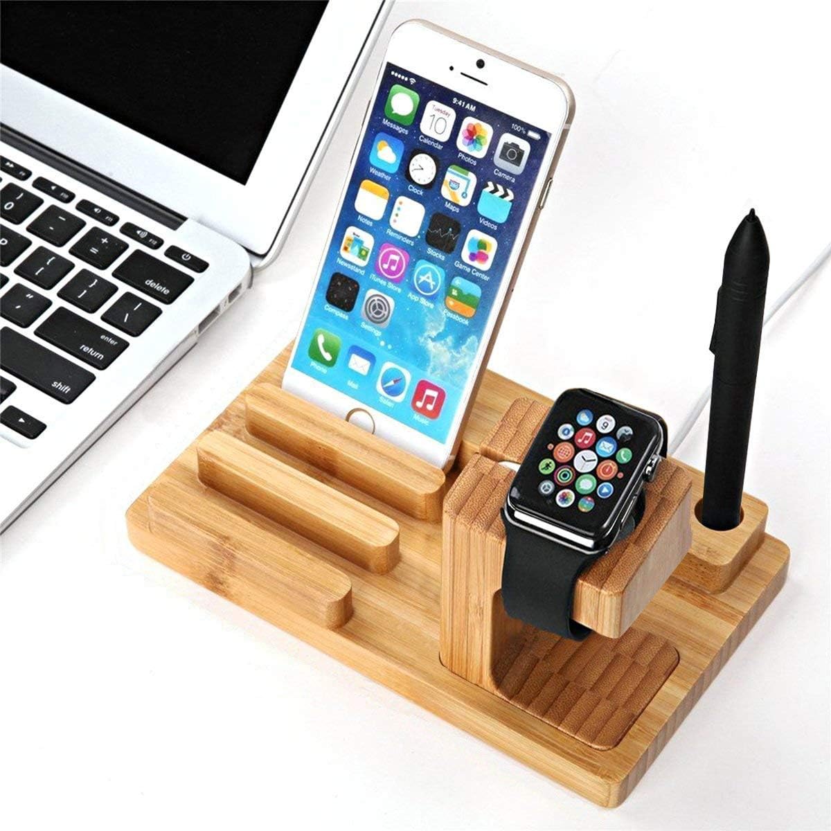 Watch Stand Wood Charging Dock Station with 4-Port USB, Yome Multi-Device Organizer Stand Cradle Bamboo Holder for Watch Smart Phones