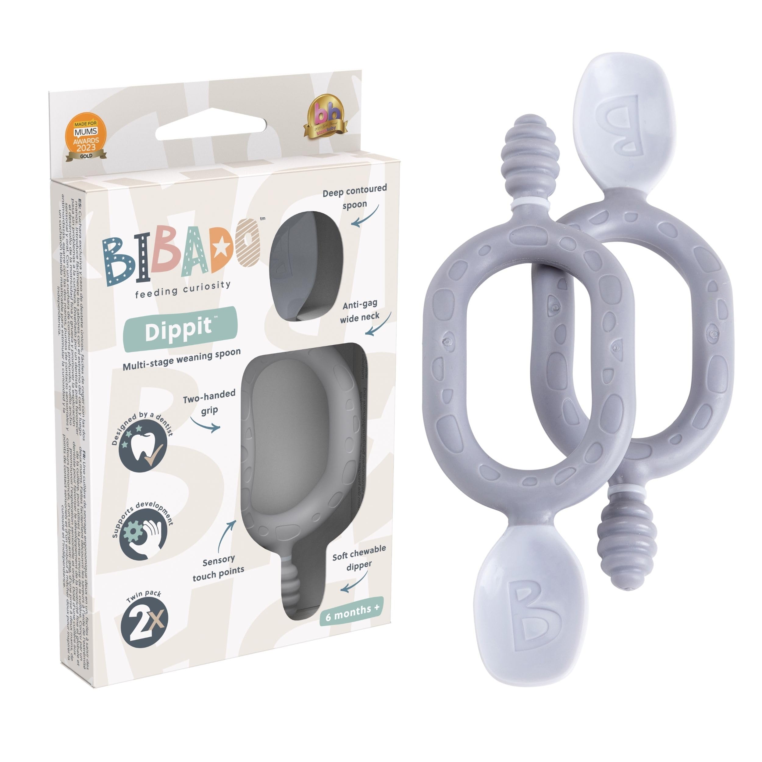 Bibado - Dippit Baby Spoon and Dipper, Mint & Blue (2-Pack) - Soft, Chewable Dipper & Deep Spoon - Two-Hand, Sensory Grip - Baby Weaning Set - Weaning Spoons - Baby Gifts - Baby Essentials - 6 Months+