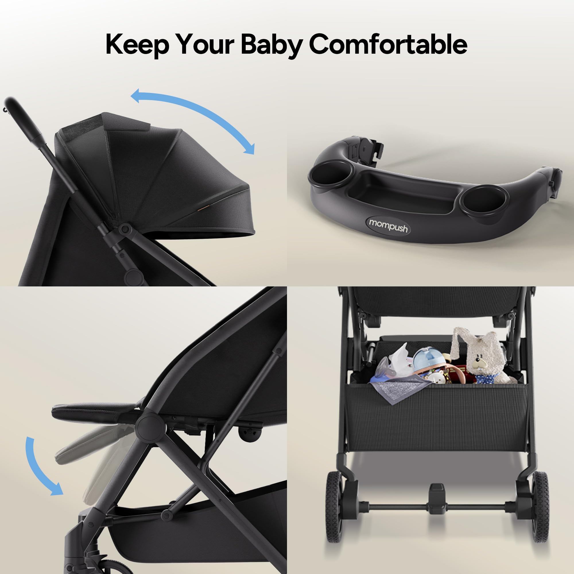 Mompush Lithe V2 Lightweight Travel Stroller, Compact Foldable Baby Stroller with Travel Bag, One-Hand Fold Stroller, Snack Tray, Mechanical Recline Seat, Airplane-Ready, UPF 50+ Canopy & Rain Cover