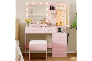XIXINI Vanity Desk with Mirror and Lights, Makeup Vanity Table Set with 5 Storage Drawers, Power Outlet & Chair, Small Dressing Table with RGB Ambient Light, Adjustable Brightness for Girls Bedroom, Pink