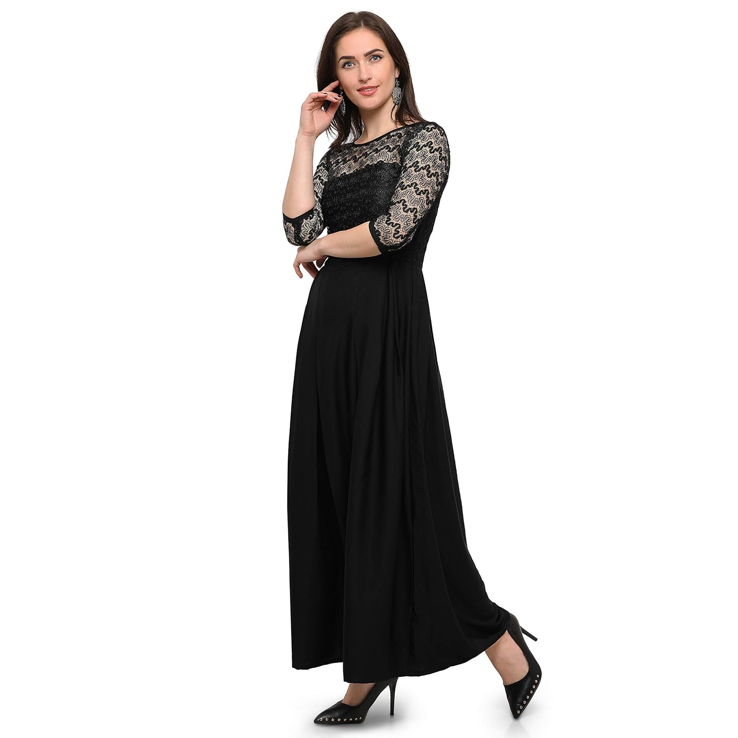 fashion2wear women maxi plain stitched net & crepe gown