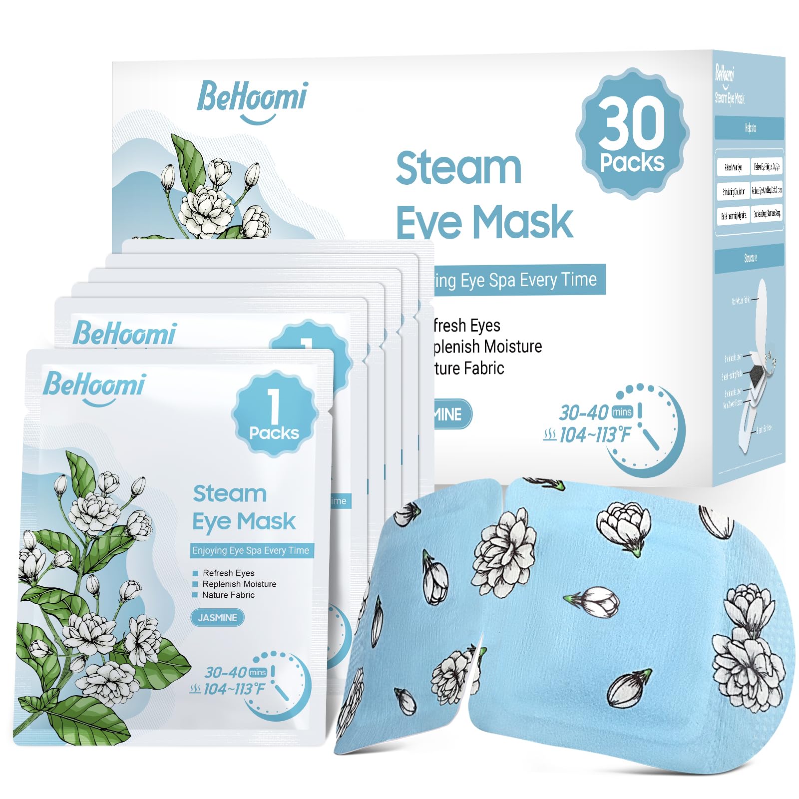 Photo 1 of BeHoomi 30Packs Steam Eye Mask, Heated Eye Mask Warm Compress for Eyes, Self Heating Warm Eye Masks Disposable Steam Mask for Home Sleep, Spa, Travel Essentials & Relaxation Gifts (Jasmine)