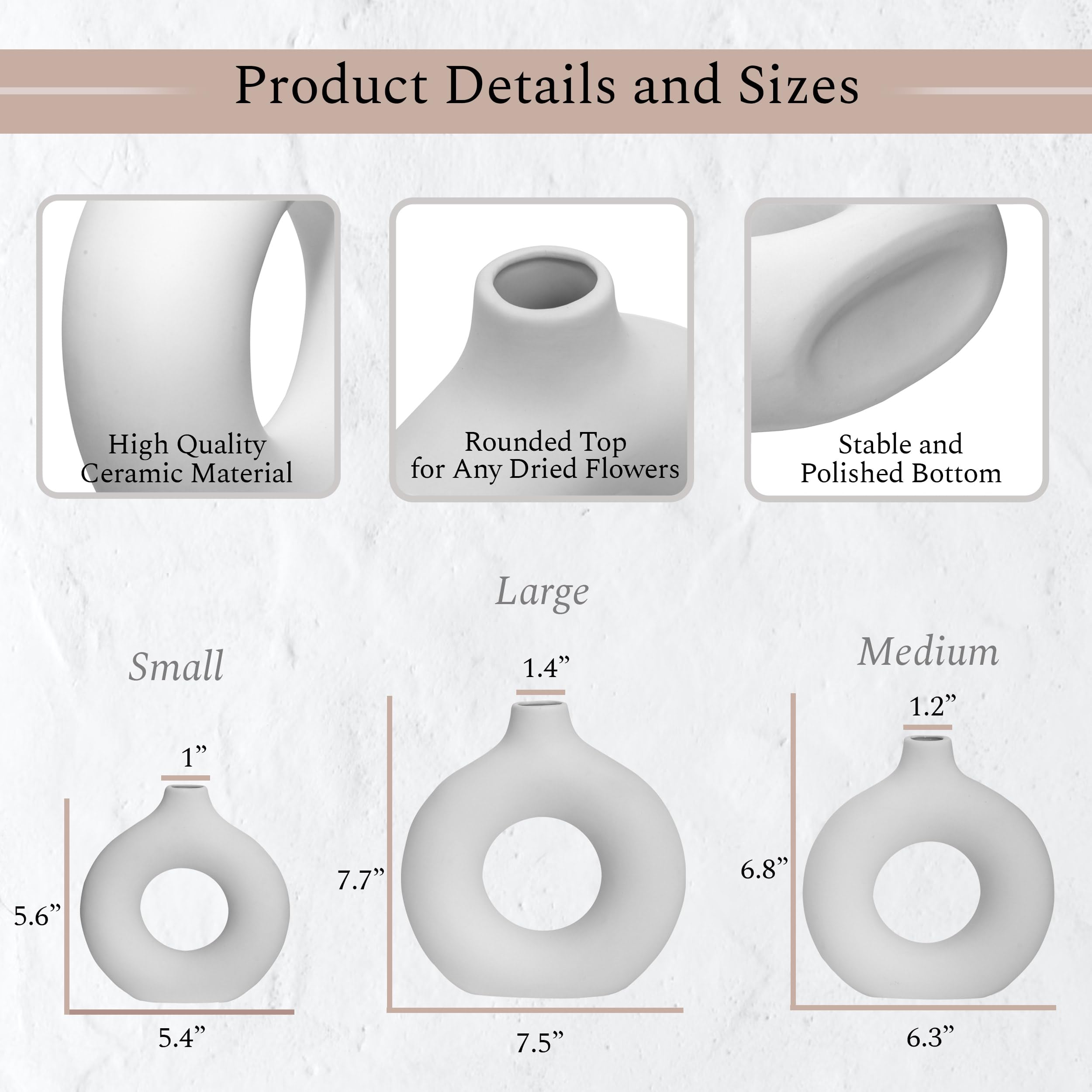 VELOVA Set of 3 White Ceramic Vase with 65 PCS Dried Pampas Grass Flowers Aesthetic Boho Modern Small Round Cute Vases for Decor Living Room Coffee Table Shelf Bedroom Office Desk Home Gifts Women Mom - Image 2