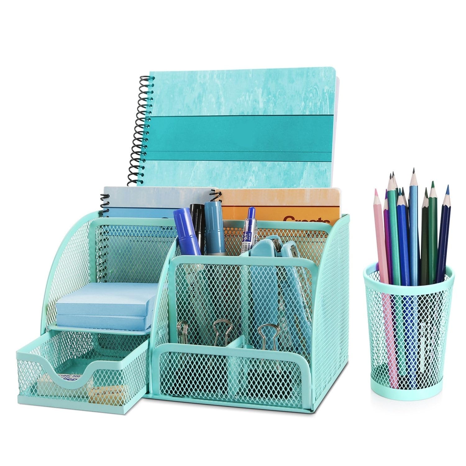 Flexzion Desk Caddy Organizer Set (Green) - Metal Mesh Desktop Caddy with Drawers, 6 Compartments, and Pencil Holder for Women & Men - Desktop Organizer and Storage for Work or Office Supplies — image 1