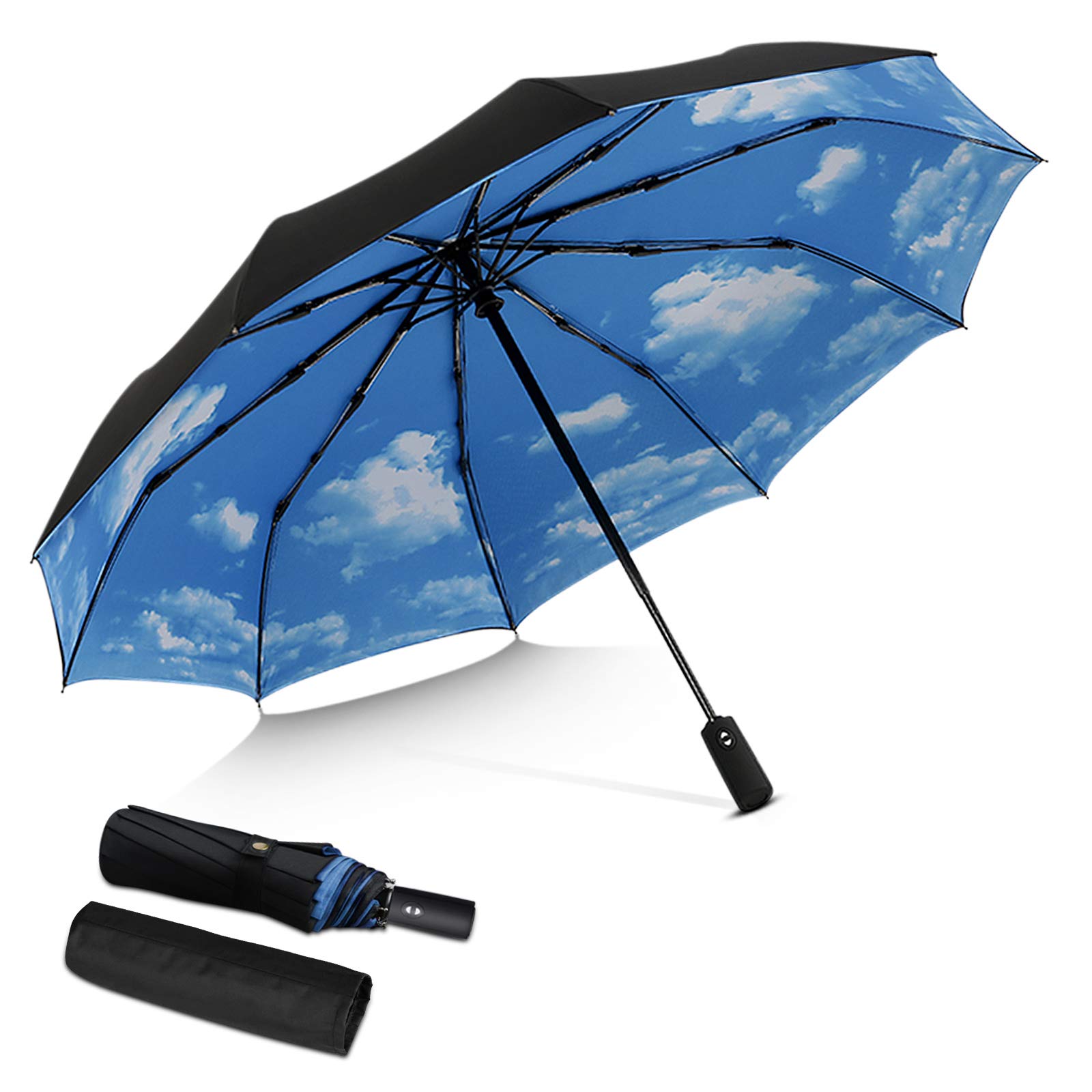 dorriso Men's Women's Automatic Folding Umbrella Windproof Business Travel Umbrella Waterproof Portable Travel Umbrella, Blue B, L, Folding Umbrella