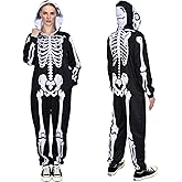 Wegitcs Halloween Skeleton Costume Adult, Skeleton Onesie Jumpsuit for Men & Women-Front and Back Bone Print with Zip Up