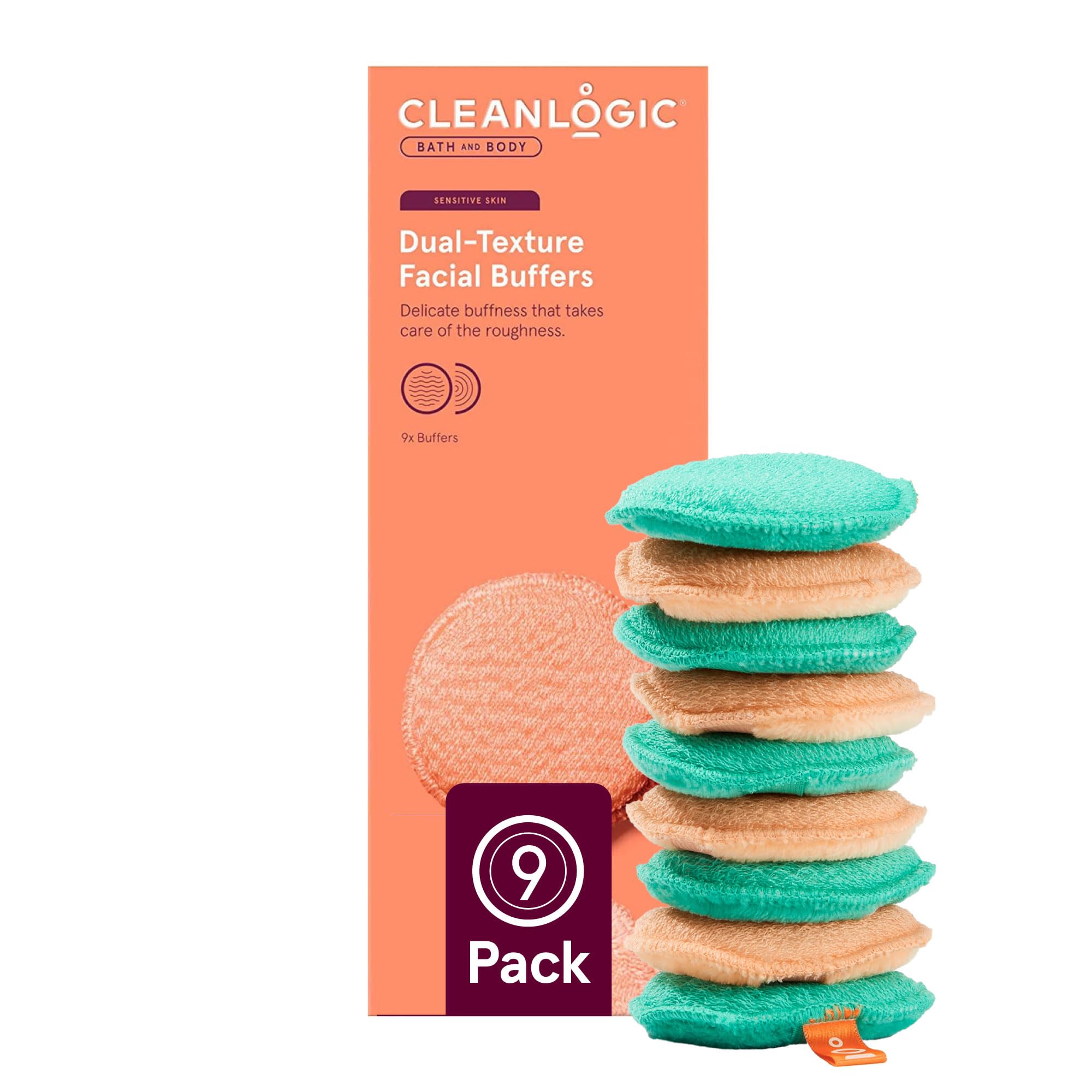 Cleanlogic Bath and Body Exfoliating Dual Texture Face Buffers, Exfoliating Face Pads to Remove Make Up, Helps to Soften Skin, Reusable Double Sided Face Exfoliator Pads, For Sensitive Skin, Pack of 9