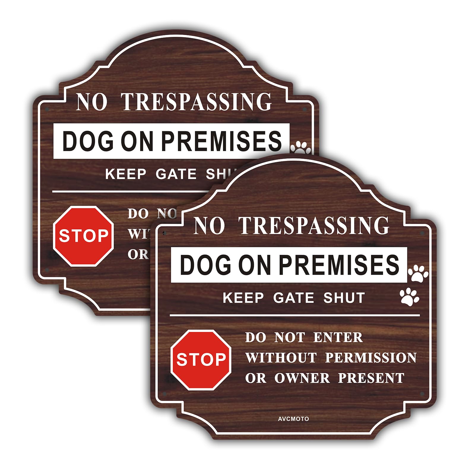 AVCMOTO 2 Pack No Trespassing Dog On Premises Keep Gate Shut Do Not Enter Sign, 10 x 10 inche Aluminum Metal Warning Signs, Rust-Free Fade Resistance, UV Protected, Easy Mounting