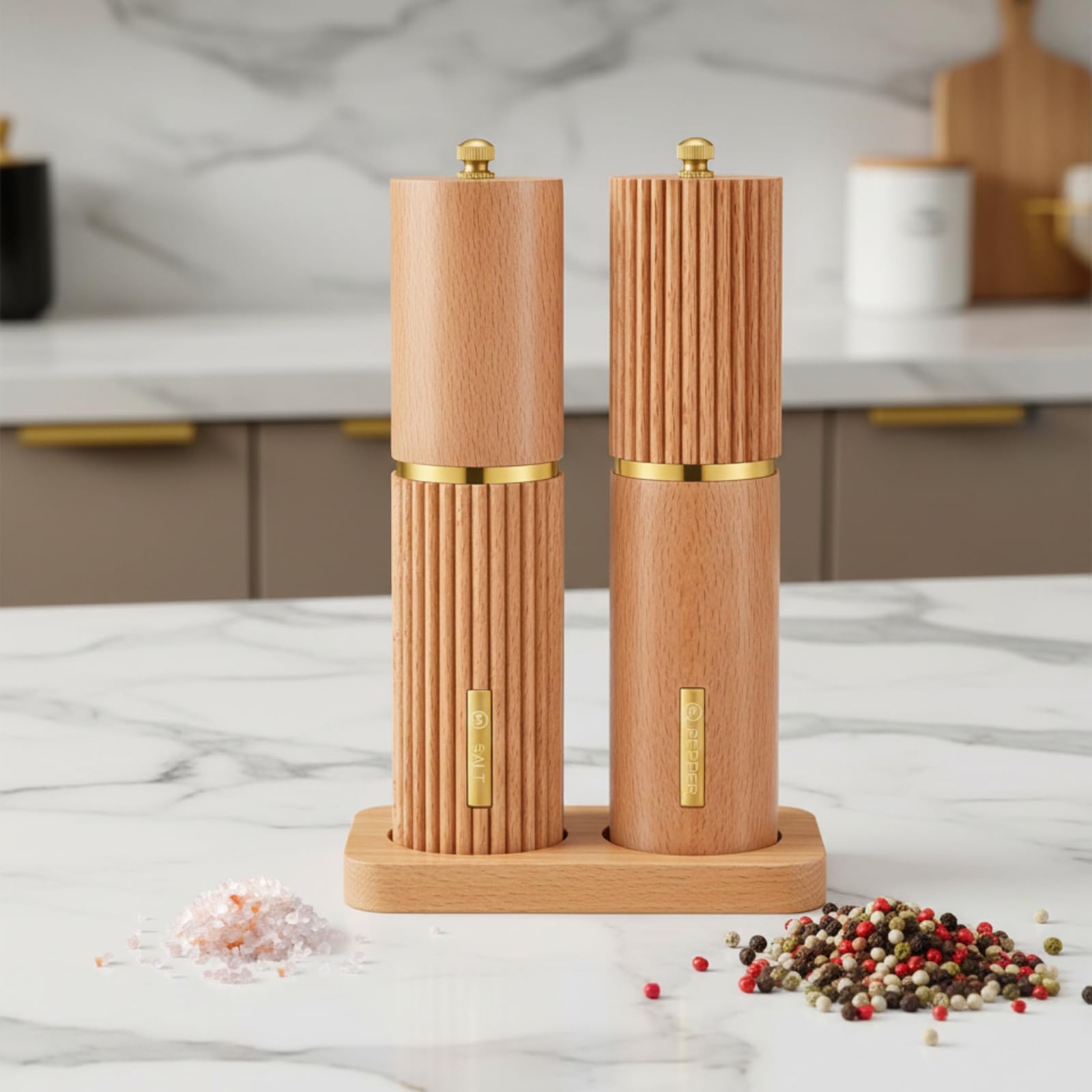 Photo 1 of LOYIM Wooden Salt and Pepper Grinder Set 8 Inch Manual Salt and Pepper Mill with Tray Adjustable Coarseness and Refillable Wood Grinders with Gold Bottle Label for Kitchen Gift (Wood Color)