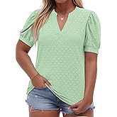 DOLNINE Womens Plus Size Tops Summer V Neck Eyelet Shirts Casual Puff Short Sleeve Tees