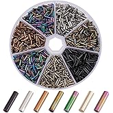 PH PandaHall 1400pcs 7 Colors Glass Bugle Beads, 6x2mm Metallic Tube Beads Seed Beads Craft Beads Loose Spacer Bead for Earrings Bracelets Necklaces Waist Chain Jewelry Making, Hole 0.5mm