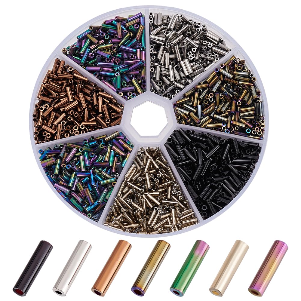 PH PandaHall 1400pcs 7 Colors Glass Bugle Beads, 6x2mm Metallic Tube Beads Seed Beads Craft Beads Loose Spacer Bead for Earrings Bracelets Necklaces Waist Chain Jewellery Making, Hole 0.5mm