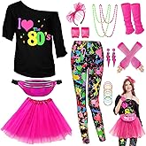 WlLDPARTY 80s Outfit Women Costume Accessories Set, T Shirt Leggings Tutu Skirt Fanny Pack Headband Fishnet Gloves Legwarmers