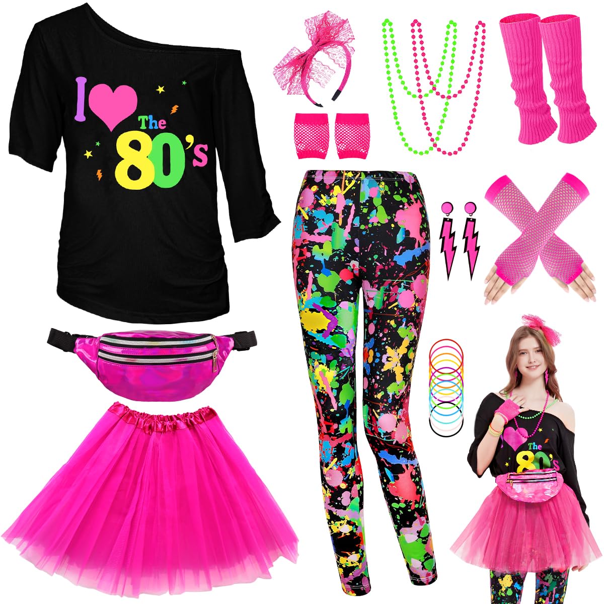 WILDPARTY 80s Fancy Dress For Women, I Love 80s T-shirt, Tutu Skirt, Leggings, Leg Warmers, Necklace, Fishnet Gloves, Neon Costumes Accessories for Retro Theme Party Cosplay