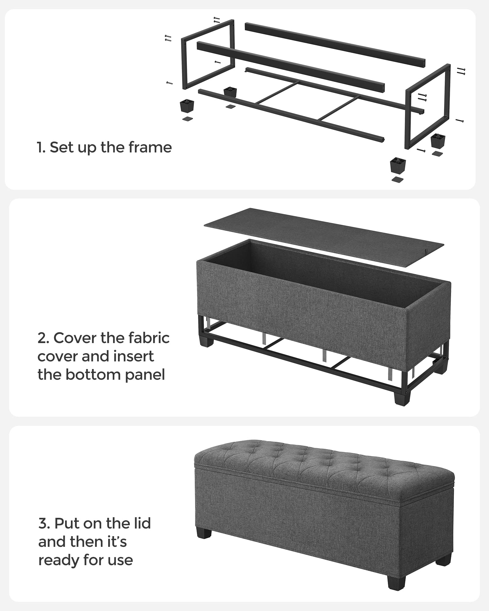 SONGMICS Storage Ottoman Bench, Foot Rest with Legs, 15.7 x 43.3 x 15.7 Inches, End of Bed Bench, Storage Chest, Load up to 660 lb, for Living Room, Bedroom, Entryway, Dark Gray ULSF088G01 - Image 7