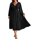 RWJ Women's Plus Size Fall Wedding Guest Dress Wrap V Neck Swiss Dot Lantern Long Sleeve Swing Boho Casual Dresses