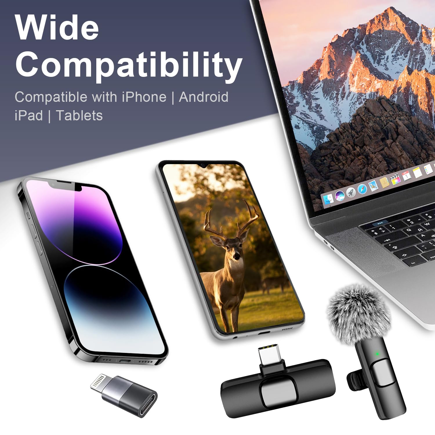 Wireless Lavalier Microphone for iPhone - Android, iPad, Tablets, Bluetooth Mini Microphone with Noise Canceling,65FT Transmission,6H Battery Life, Professional Lapel Mic for Video Recording