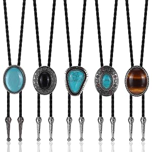Suohheh 5 Pcs Bolo Tie for Men Women, Handmade Leather Adjustable Western Cowboy Necktie With Natural Tiger Eye Turquoise Bla