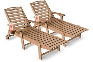 SUUNYN Lounge Chair Outdoor Set of 2, HDPE Chaise Lounge Outdoor with 6-Position & Wheels ⋓ Holder, Pool Lounge Chair for Pool Poolside Deck Backyard Patio, Teak