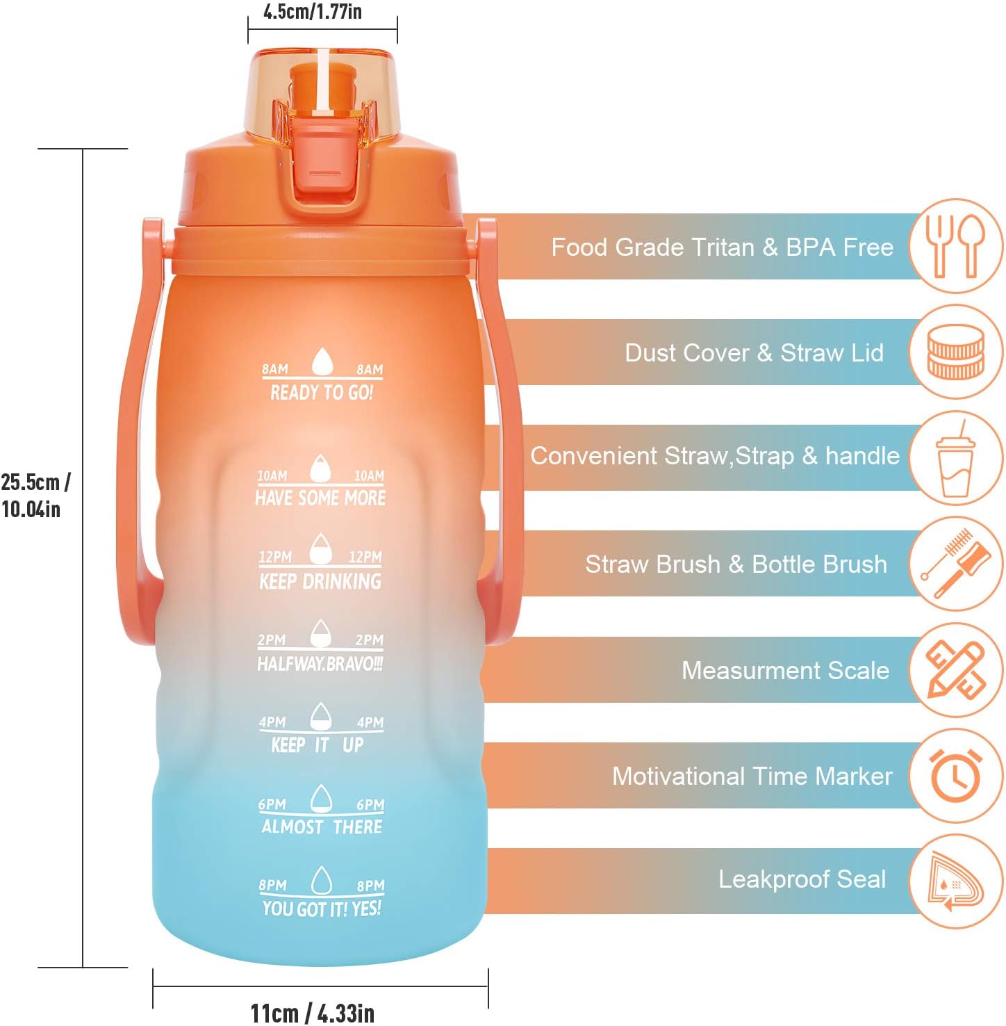 PASER 64oz Water Bottles with Times to Drink, 2 in 1 Lids(Chug and Straw) Tritan Leakproof BPA Free Sports Motivational Water Bottle with Replaceable Handle & Strap(Included Bottle Brush): Sports & Outdoors