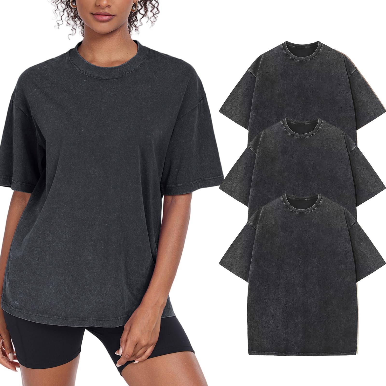 Photo 1 of 3 Pack Womens Washed Vintage Oversized T-Shirt Casual Baggy Streetwear Boyfriend Tee Workout Short Sleeve Cotton Tops(W-BK-3PC,2XL)