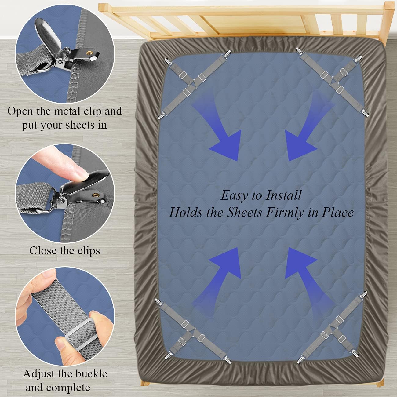 ACEDÉCOR Bed Sheet Holder Straps, Adjustable Triangle Elastic Mattress Sheet Corner Clips Suspenders Grippers Fasteners Sheet Keeper(4 Pcs Grey): Home & Kitchen