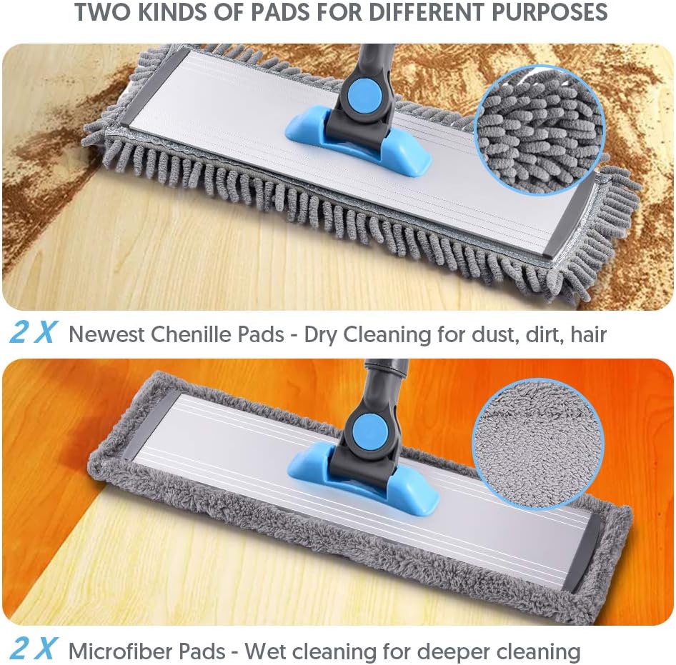 Microfiber Floor Hardwood Mop - MANGOTIME Dust Wet Mop with 4 Washable Chenille & Microfiber Pads and Aluminum Plate, Flat Mop for Floor Cleaning Laminate Tile Vinyl Kitchen Home Mint: Health & Personal Care