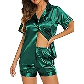 Ekouaer Silk Pajamas for Women Short Sleeve Sleepwear Soft Button Down Loungewear 2 Piece Satin Pjs Shorts Set
