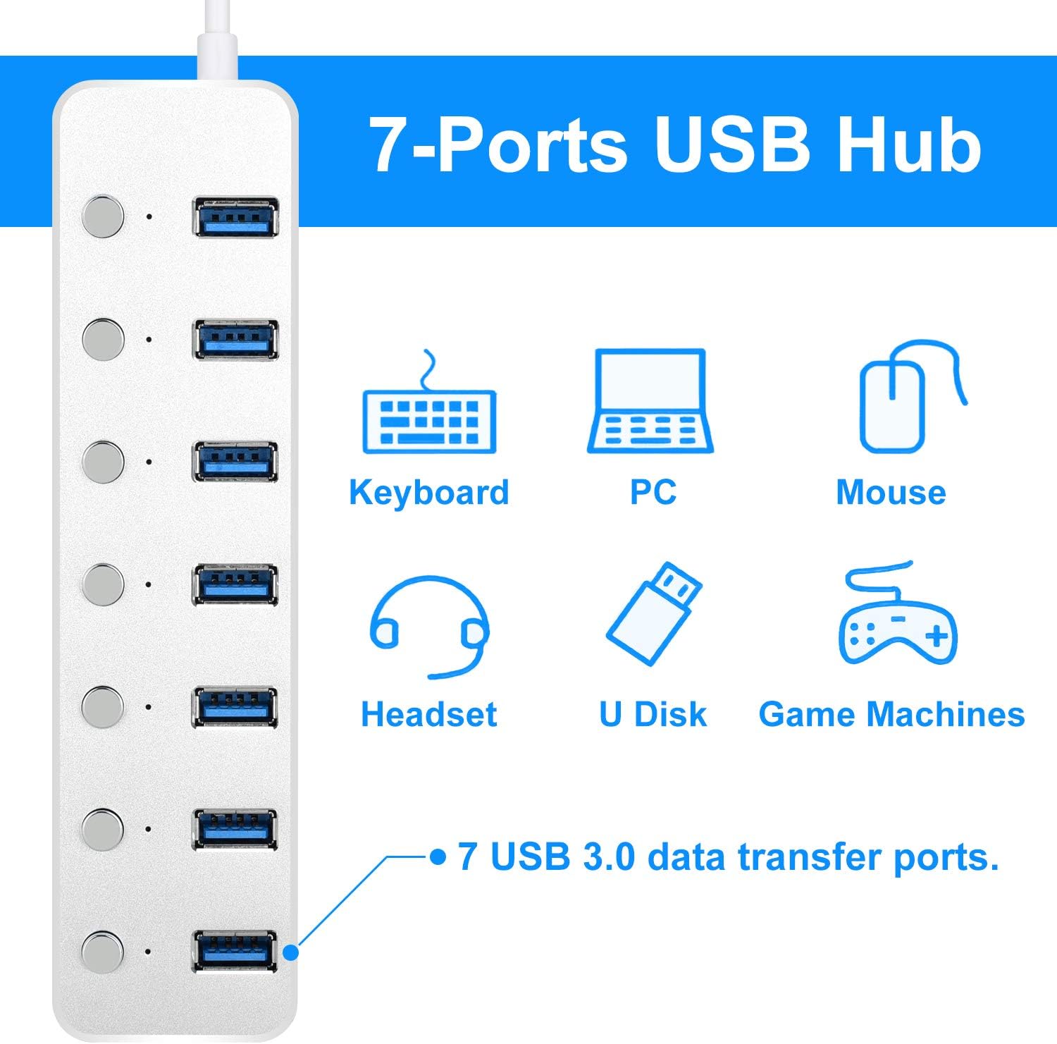 Powered USB 3.0 Hub, Aluminum 7-Port Data Hub Splitter with 5V/2A Power Adapter and USB Cable and Individual Switches for PC Laptop: Computers & Accessories