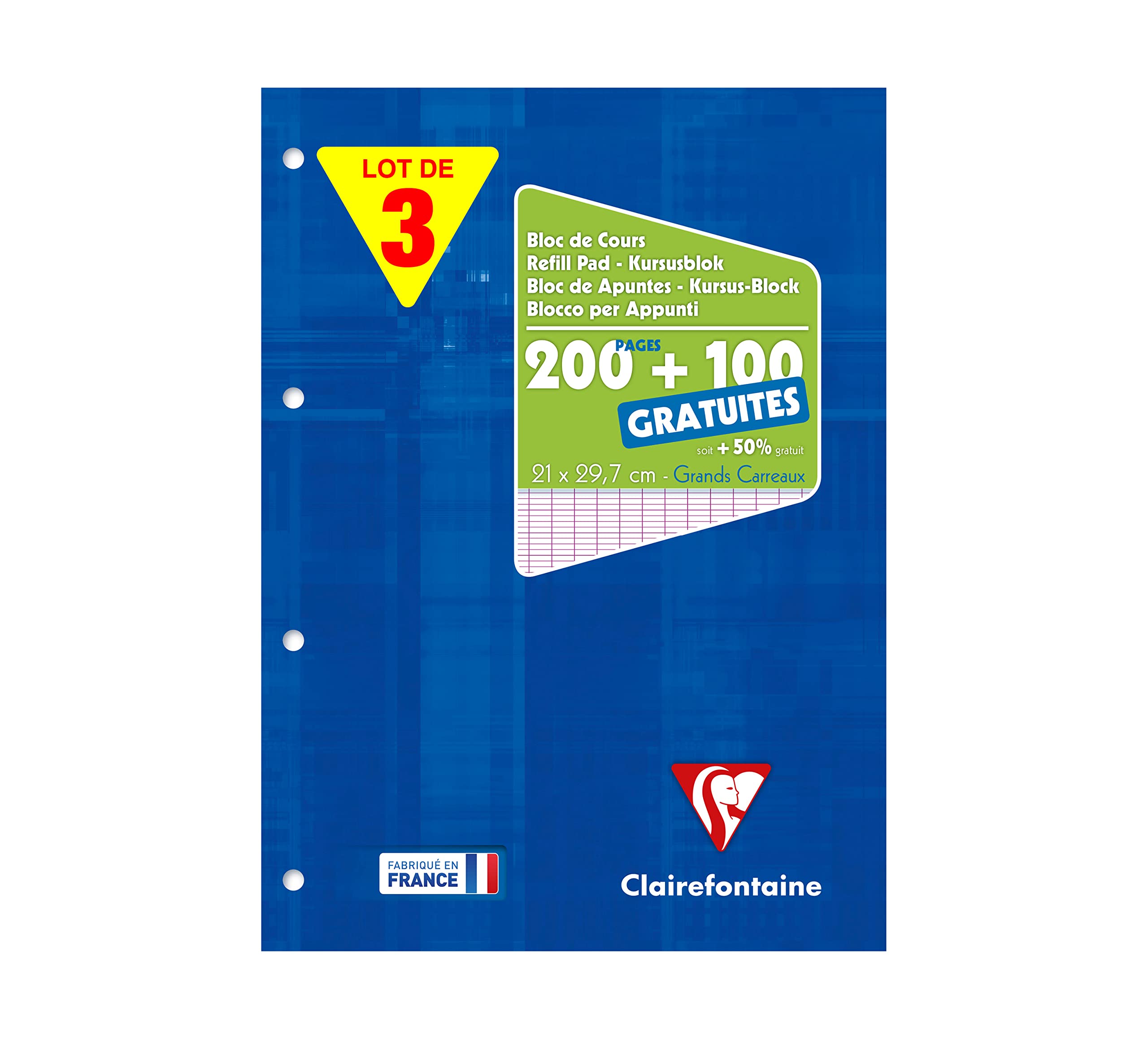 Clairefontaine 65819AMZC Set of 3 Glued Perforated Notepads - A4 21x29.7 cm - 200 Pages + 100 Free Seyes Ruled - 90 g White Paper - Laminated Card Cover