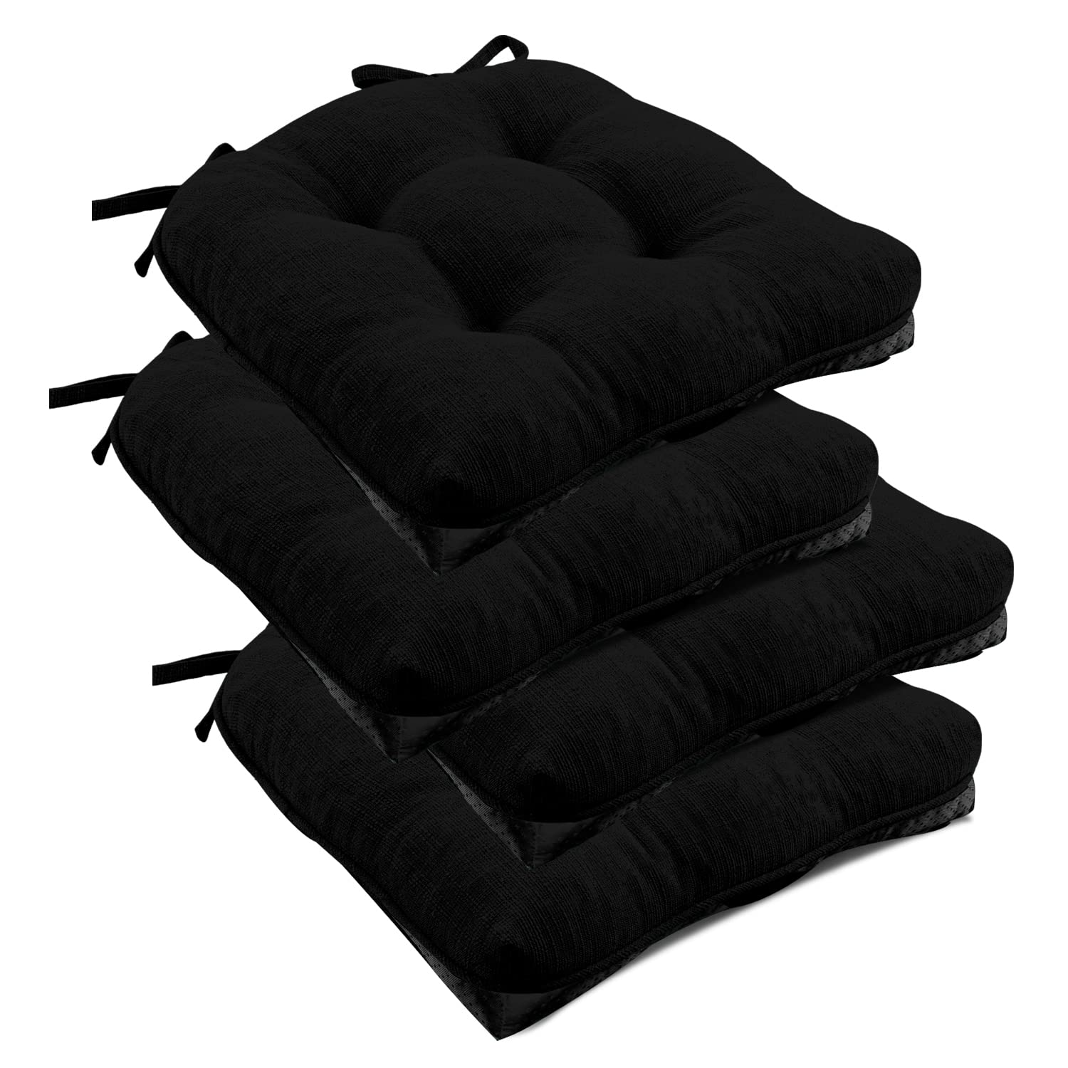 Photo 1 of downluxe Indoor Chair Cushions for Dining Chairs, Tufted Overstuffed Textured Foam Kitchen Chair Pads with Ties and Non-Slip Backing, 15.5" x 15.5" x 4", Black, 4 Pack