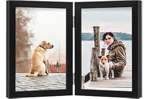FOREV 5x7 Double Picture Frame Wooden Hinged Photo Frame Definition Glass Stand Vertically on Desktop or Tabletop Black