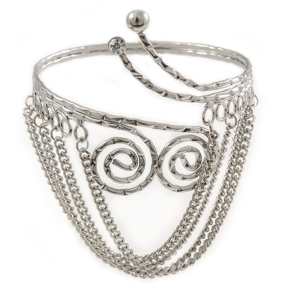 Avalaya Swirls Hammered Upper Arm/Armlet Bracelet with Chains/Silver Tone/Adjustable