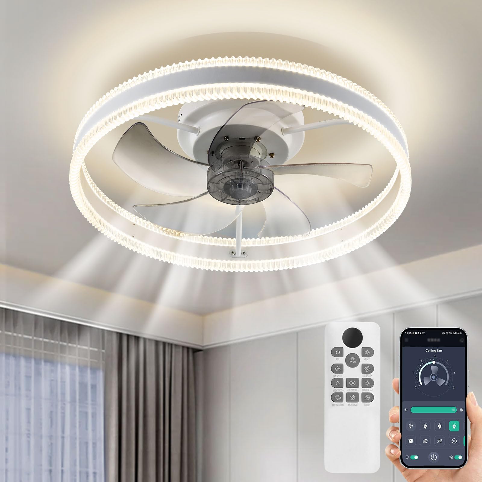 Photo 1 of Low Profile Ceiling Fans with Lights and Remote, 19.7in Ceiling Fans with Light & 6 Wind Speeds/3000K-6500K Color Temperature, Flush Mount Ceiling Fan for Bedroom, Living Room, Dining Room