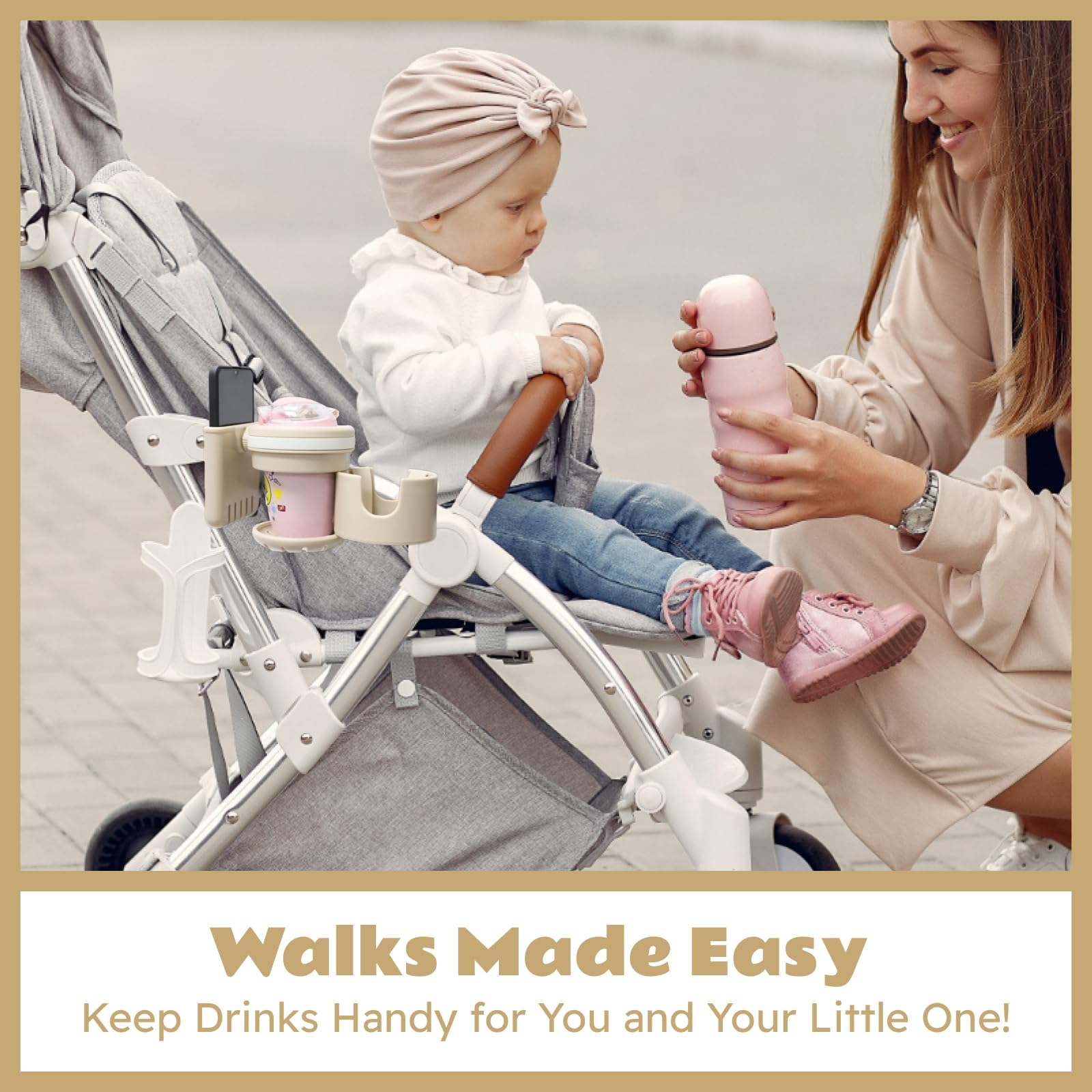 Lusinus Stroller Cup and Phone Holder Compatible with YOYO – 3-in-1 Dual Cup & Phone Organizer with 360° Rotating Clamp – Fits Bottles, Coffee Cups, Smartphones