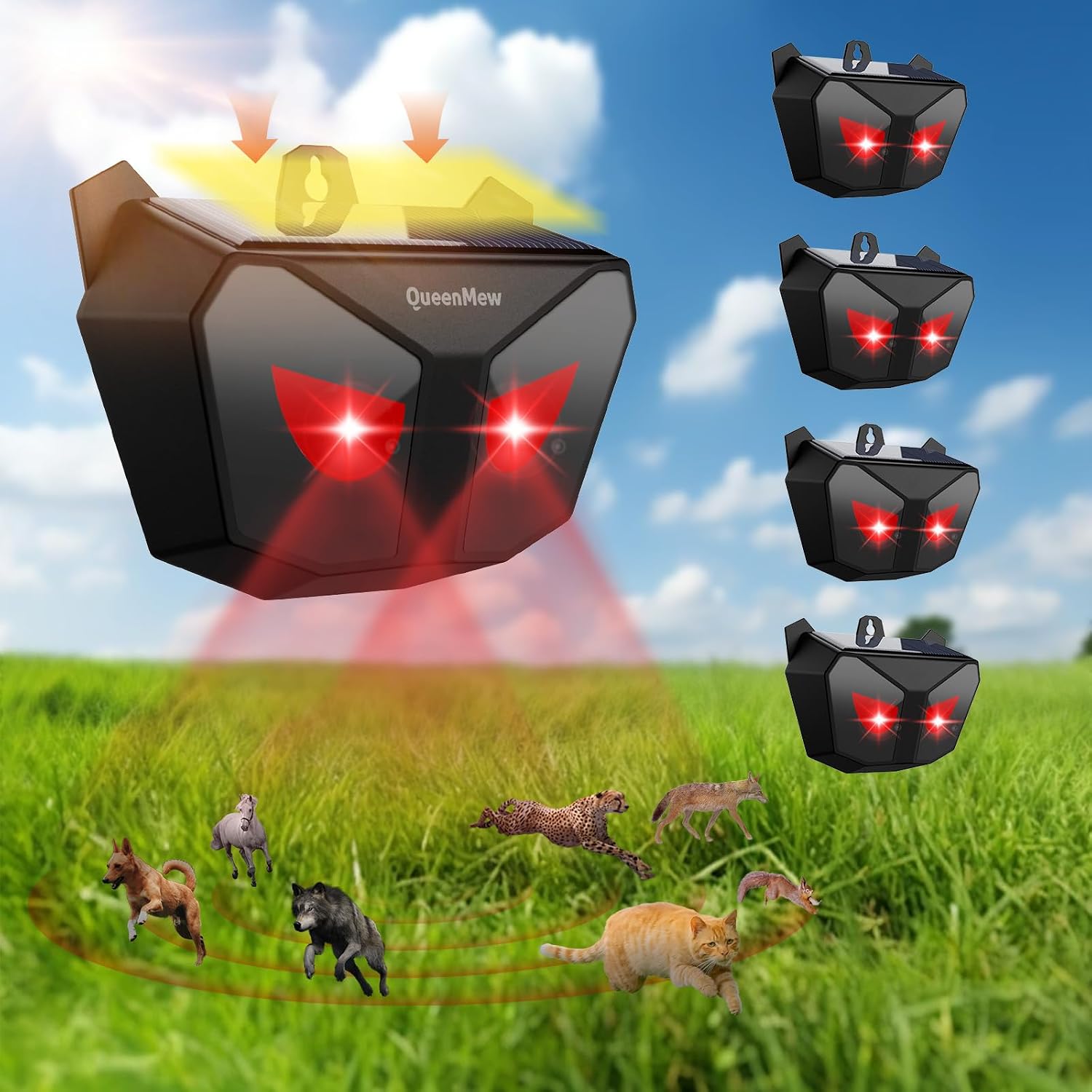 Solar Animal Repeller Outdoor 4 Packs, Nocturnal Animal Deterrent with Red LED Flashing Lights, Waterproof Wild Device for Chicken Coop, Cat, Skunk, Wolf, Deer, Coyote, Fox, Raccoon