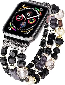 V-MORO Bracelet Compatible with Sereis 6/5 Apple Watch Band 40mm 38mm Women Fashion Handmade Elastic Stretch Beads Replacement for iWatch Series 4/3/2/1 38mm/40mm Girls Black/Gold