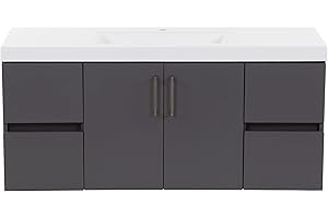 Spring Mill Cabinets Innes Floating Bathroom Vanity with 2-Door Cabinet, 4 Drawers, and White Sink Top, 48.5" W x 18.75" D x 22.25" H, Cement
