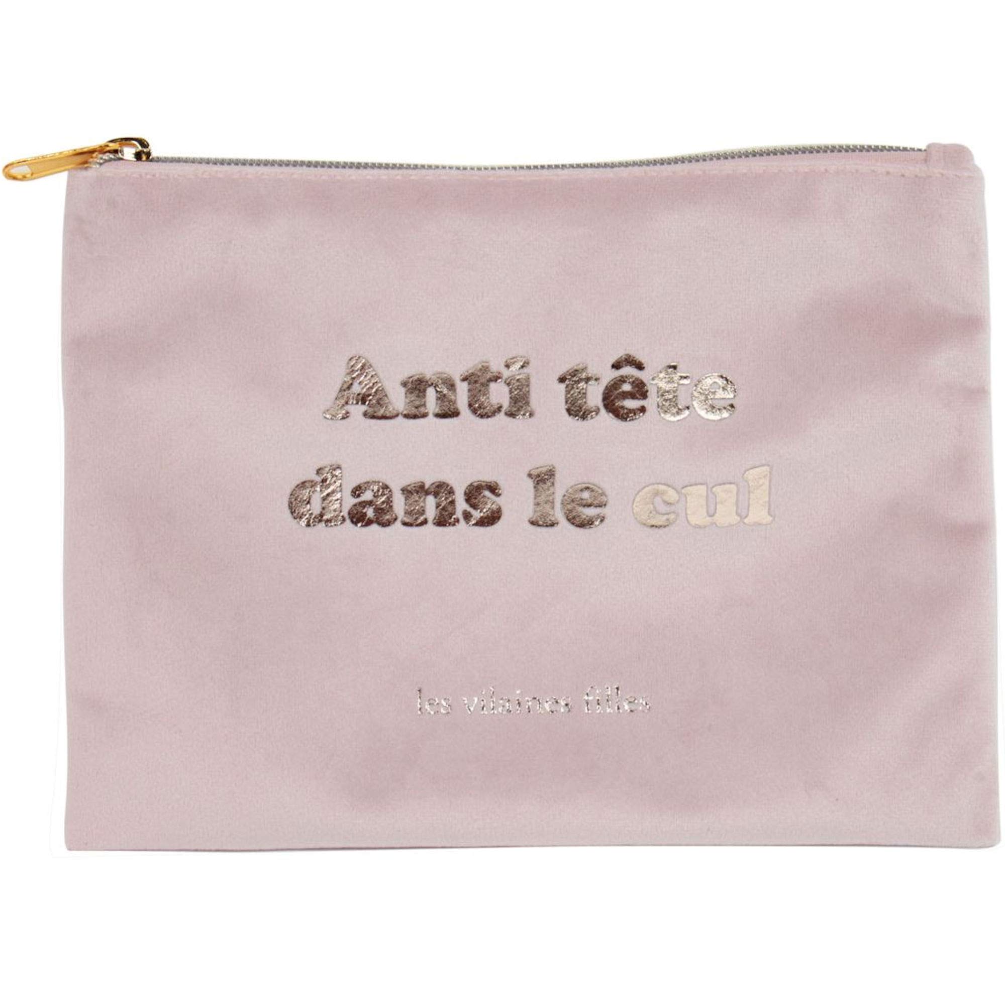 Les Vilaines Filles 39-VF-049 Velvet Makeup Bag Anti Head in The Ass Light Pink and Gold Polyester Zip Closure H16 x 1 x 22 cm