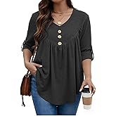 Siddhe Womens Plus Size Tops 3/4 Ruffle Sleeve Loose Fit Blouses Button Square Neck Shirt Casual Pleated Tunic Tops(1X-5X)