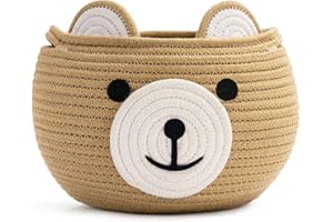 CherryNow Cotton Rope Basket Baby Basket for Nursery, Bear Gift Basket for Kids, Empty Baby Shower Basket with Handles, Small Cute Animal Basket, Brown, 10.5"D x 8.5"H