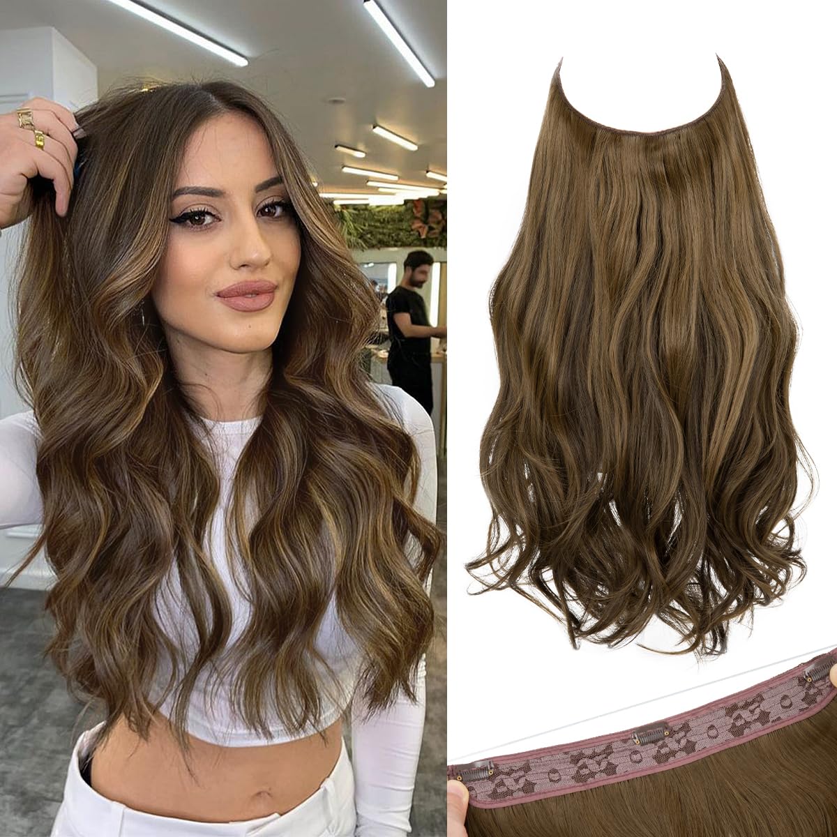 Photo 1 of SARLA Invisible Wire Hair Extensions with 3 Clips Long Wavy Curly Synthetic Hairpiece for Women Adjustable Transparent Headband 16 Inch Coffee Brown