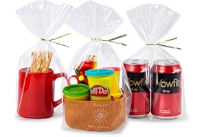 Wowfit 50 CT 8x12 Inch Clear Flat Cellophane Treat Bags with 6” Gold Twist Ties, Cello Packaging for Mugs, Dessert, Muffins, Party Favors and Gift Wrapping