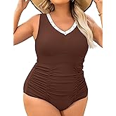 Curvagile Womens Plus Size One Piece Swimsuits Retro Tummy Control Bathing Suit V Neck Color Block Full Coverage Swimwear