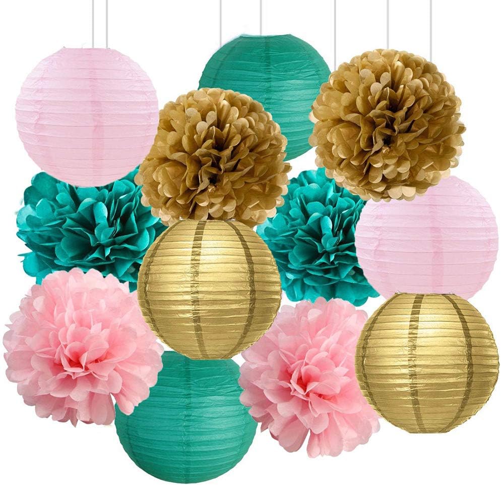 HappyField Bridal Shower Decorations Girls Baby Shower Decorations Girls Birthday Party Decorations Teal Pink Gold Party Decorations Teal Pink Gold Tissue Pom Poms & Paper Lantern Set