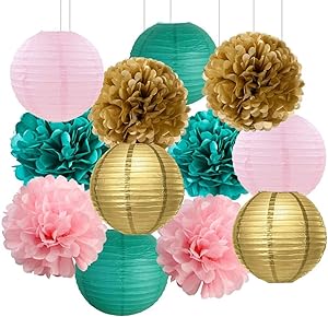 HappyField Bridal Shower Decorations Girls Baby Shower Decorations Girls Birthday Party Decorations Teal Pink Gold Party Decorations Teal Pink Gold Tissue Pom Poms & Paper Lantern Set