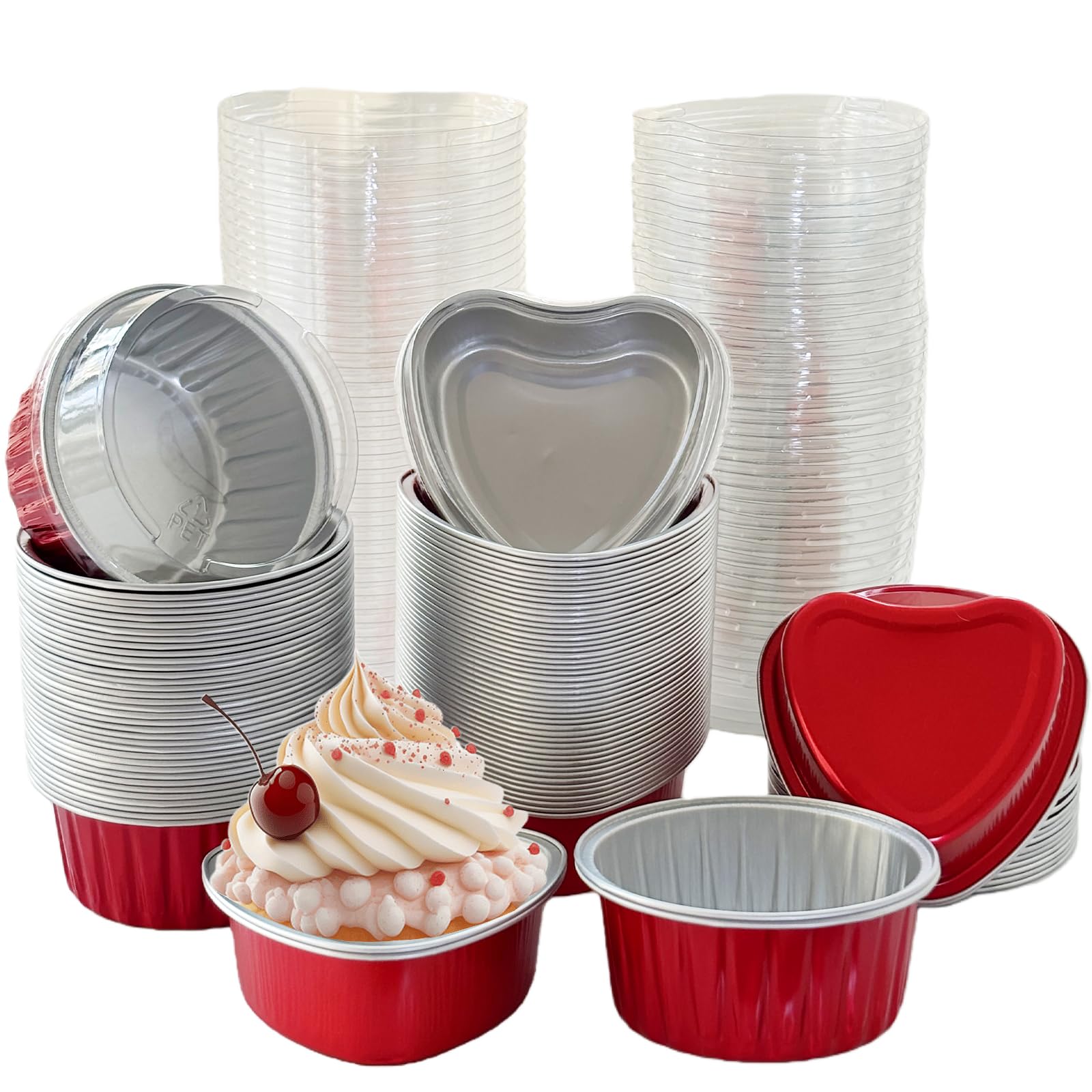 Photo 1 of 100Pcs Mini Aluminum Foil Cake Pans with Lids, 3.4oz/4oz Disposable Cupcake Baking Cups Loaf Pans Pie Tins Muffin Pan Cheesecake Containers for Wedding Birthday Valentines Red Heart Round