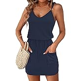AUSELILY Womens Summer Dresses Sleeveless Spaghetti Strap Beach Cover up Drawstring Waist Mini Short Dress with Pockets