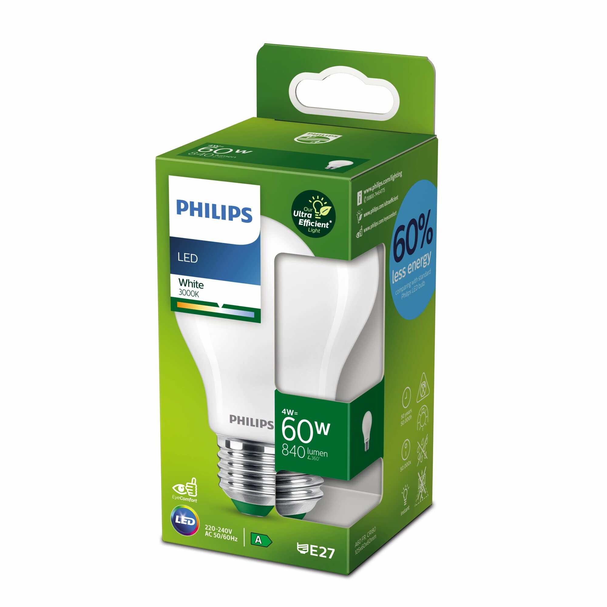 Philips LED Ultra Efficient Light Bulb A Label Energy Rating [White 3000K - E27 Edison Screw] 60W A60 Frosted. For Indoor Home Lighting.
